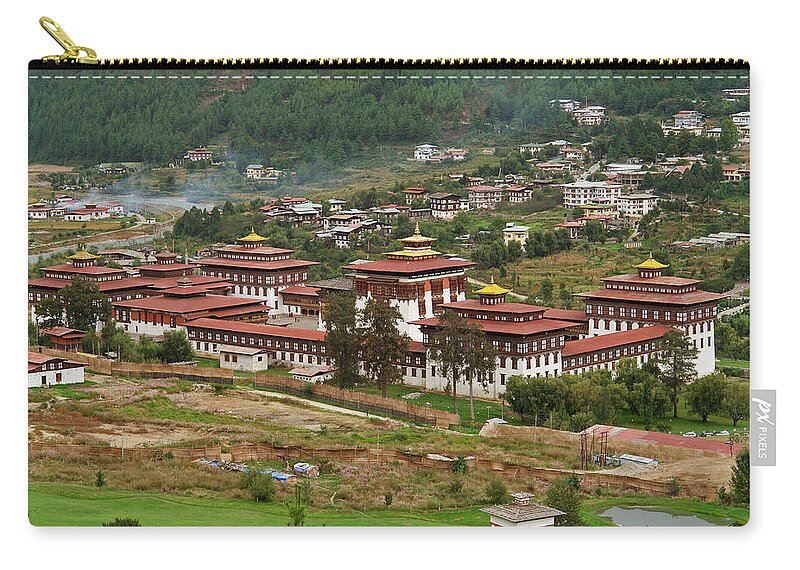 Asian And Indian Ethnicities Zip Pouch featuring the photograph Monastery In Thimphu, Bhutan by Narvikk