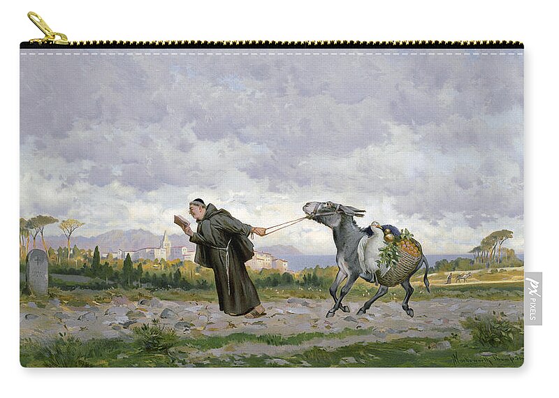 B1019 Zip Pouch featuring the painting Monk And Donkey, 1878 by Alfred Wordsworth Thompson