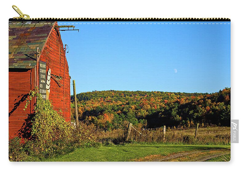 Vermont Red Barn Zip Pouch featuring the photograph Moon rise over Vermont foliage on the farm by Jeff Folger