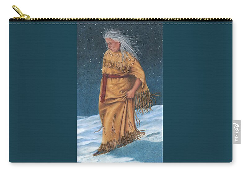 Native American Portrait. American Indian Portrait. Moonlit Walks In The Snow. Native Elder. Carry-all Pouch featuring the painting Moonlit Walk by Valerie Evans