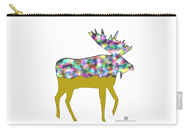 Moose Zip Pouch featuring the digital art Moose with Rainbow Gold by Monika Shepherdson