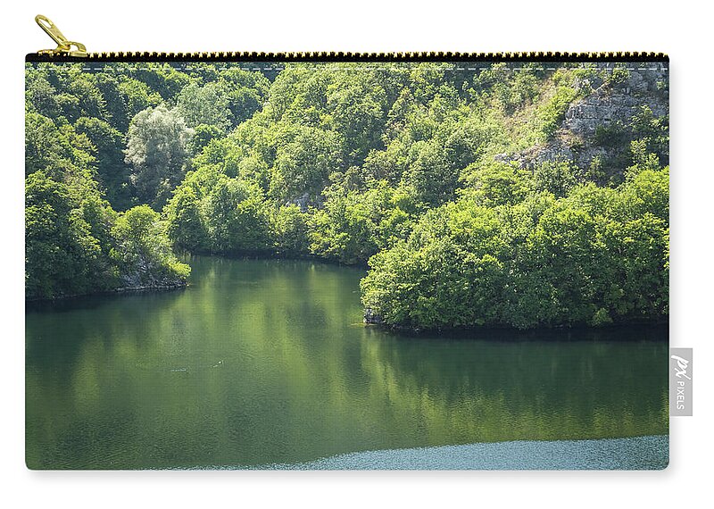 Fifty Shades Of Green Zip Pouch featuring the photograph More Than Fifty Shades Of Green - Peaceful Mountain Lake to Relax You by Georgia Mizuleva