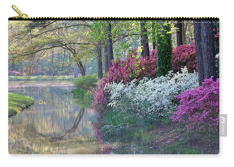 Tranquility Zip Pouch featuring the photograph Morning Fog On Small Pond With by Darrell Gulin