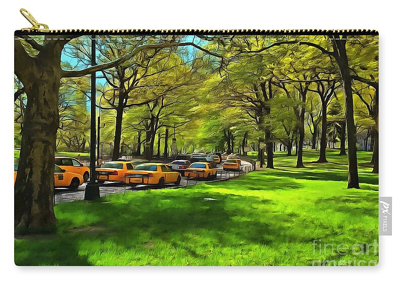 New York; Ny; N.y.; Nyc; Central Park; Manhattan; Usa; U.s.a.; North America; American; Park; City; Traffic; Morning; Taxi; Taxis; Cab; Cabs; Traffic Jam; Car; Cars; Transportation; Urban; Landscape; Road; Trees; Travel; Paint; Paints; Painting; Paintings Zip Pouch featuring the painting Morning traffic through Central Park by George Atsametakis