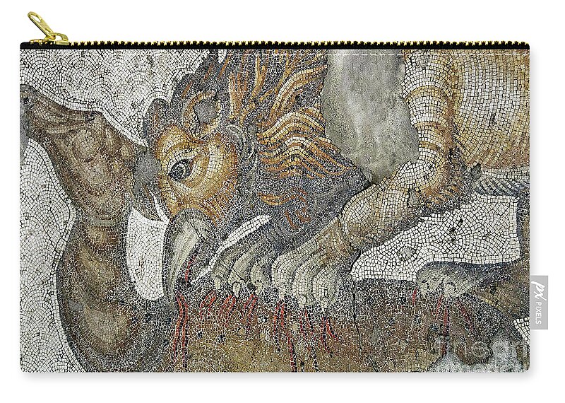 Mosaic Zip Pouch featuring the photograph Mosaic Depicting A Lion Griffon Attacking A Deer by Roman School