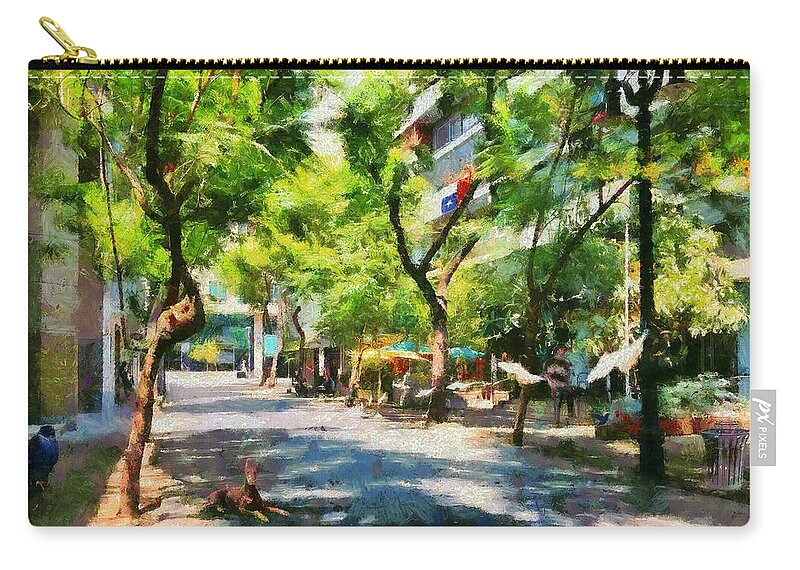 Mosqueto Street In Santiago Chile Zip Pouch featuring the digital art Mosqueto Street in Santiago Chile by Caito Junqueira