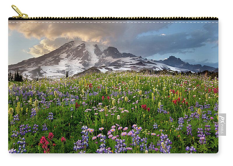 Tranquility Zip Pouch featuring the photograph Mount Rainier by Justin Reznick Photography