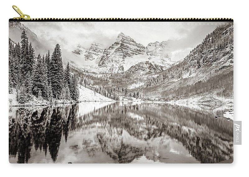 America Zip Pouch featuring the photograph Mountain Landscape Reflections of Maroon Bells Colorado - Sepia by Gregory Ballos