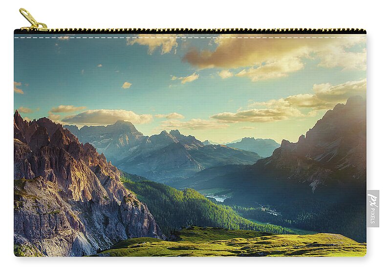 Belluno Zip Pouch featuring the photograph Mountains And Valley At Sunset by Mammuth