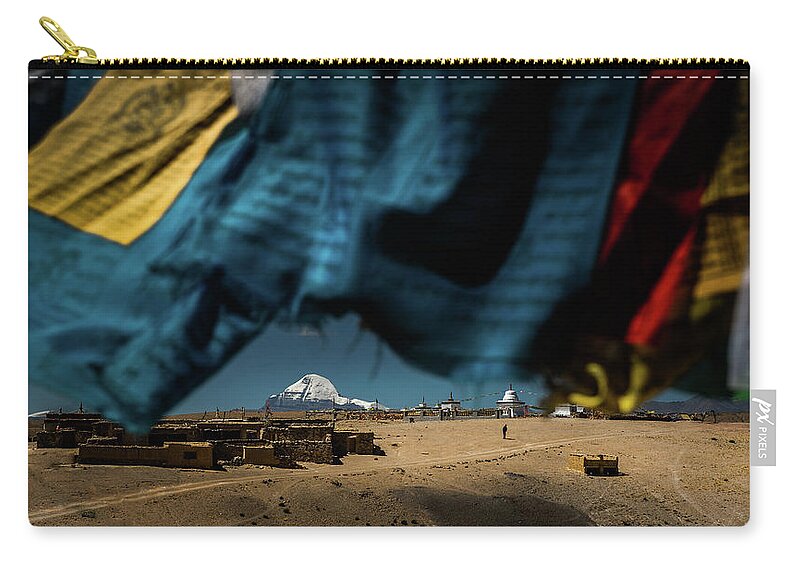 Tranquility Zip Pouch featuring the photograph Mt. Kailash With Flags Foreground by Coolbiere Photograph