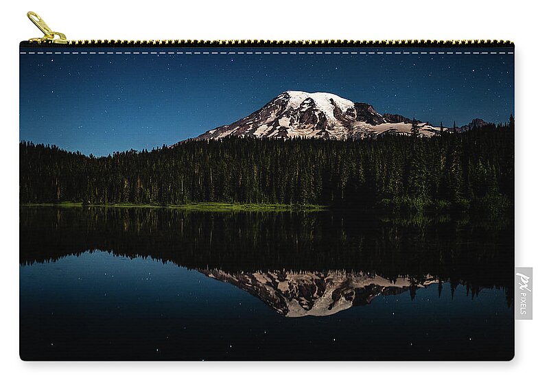 Mt. Rainier Zip Pouch featuring the pyrography Mt. Rainier and Reflection Lake by Yoshiki Nakamura
