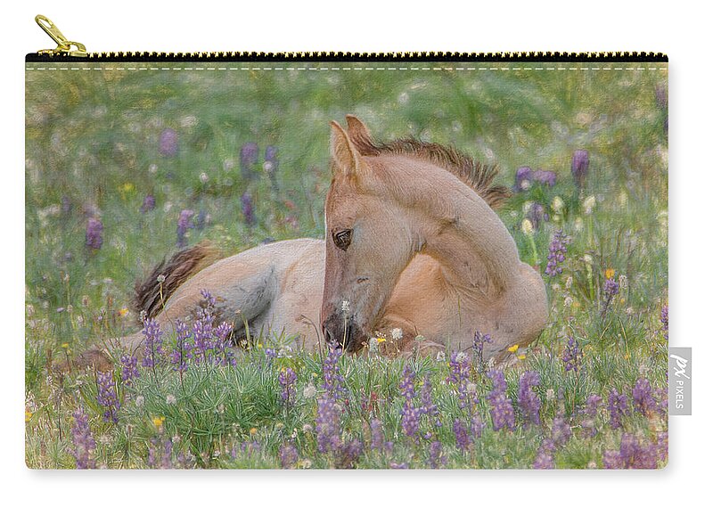 Wild Mustangs Carry-all Pouch featuring the photograph Wild Mustang Foal in the Wildflowers by Marcy Wielfaert