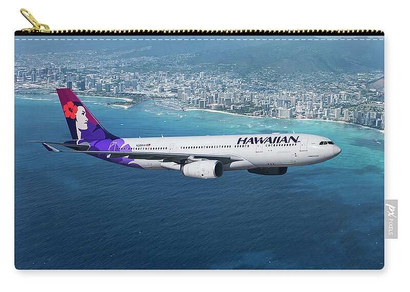 Hawaiian Airlines Zip Pouch featuring the mixed media My Blue Hawaii Airbus by Erik Simonsen