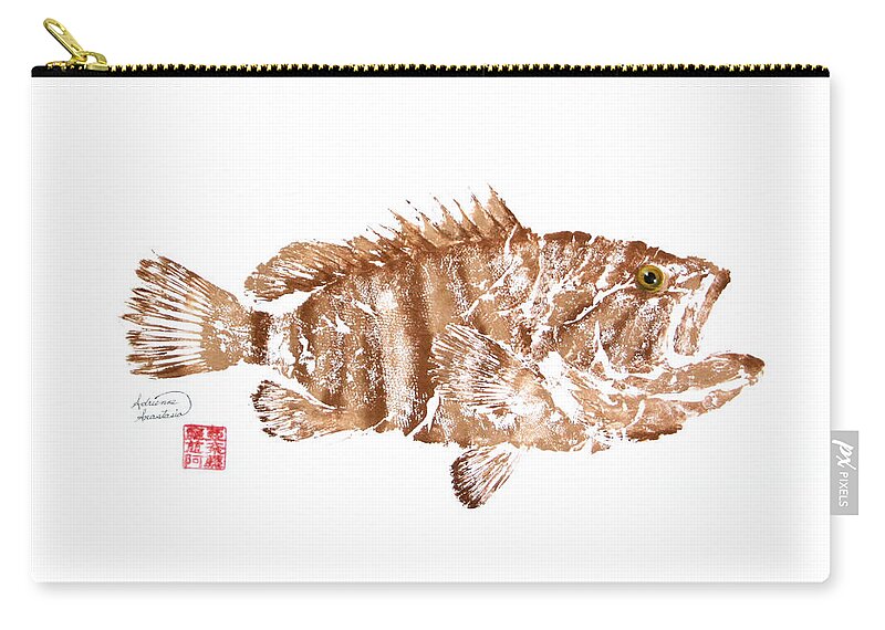 Grouper Zip Pouch featuring the painting Mystic Grouper - Brown by Adrienne Dye