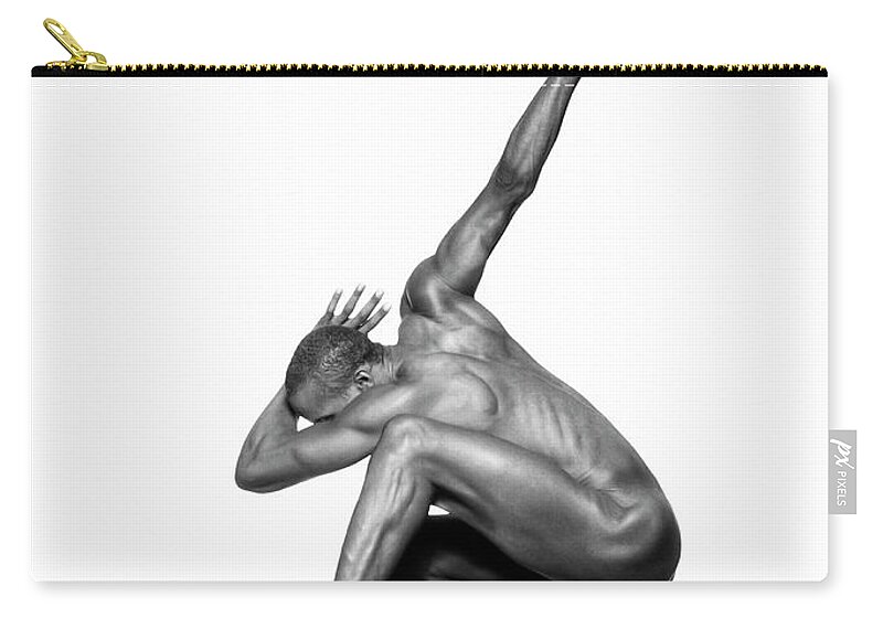 Hiding Zip Pouch featuring the photograph Naked Man Leaping B&w by Ed Freeman