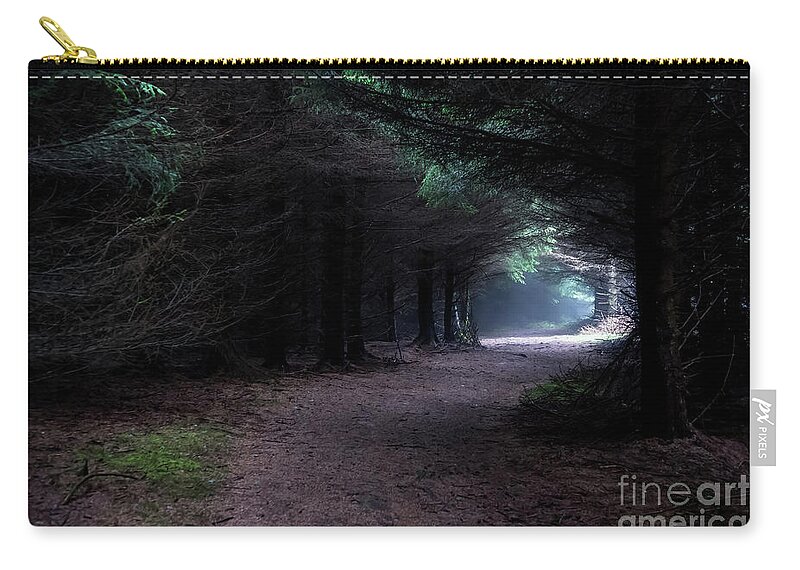 Wood Zip Pouch featuring the photograph Narrow Path Through Foggy Mysterious Forest by Andreas Berthold