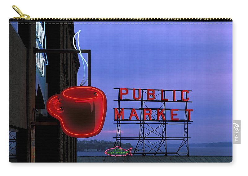 Retail Zip Pouch featuring the photograph Neon Sign For Caf And Market At Dusk by Michele Falzone
