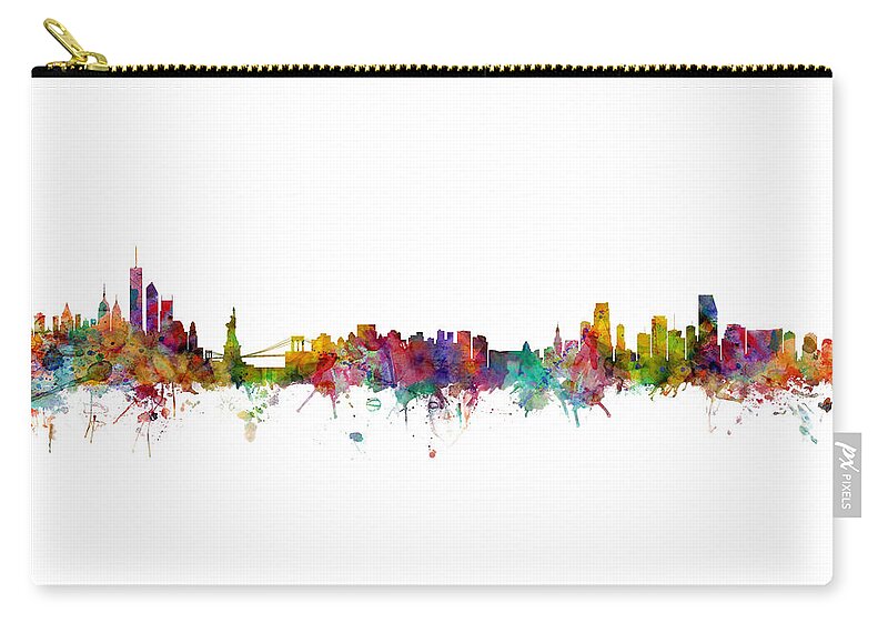 New York Zip Pouch featuring the digital art New York and Miami Skylines Mashup by Michael Tompsett