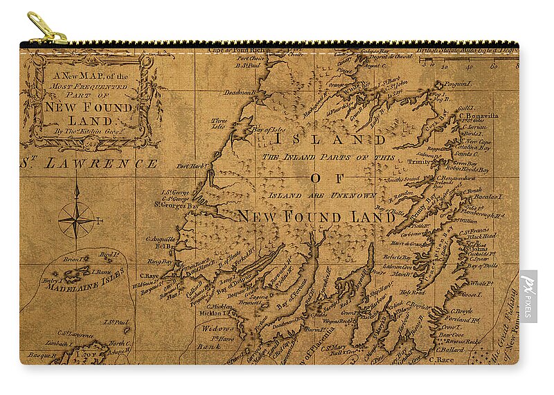 Newfoundland Zip Pouch featuring the mixed media Newfoundland Canada Vintage Map 1762 by Design Turnpike