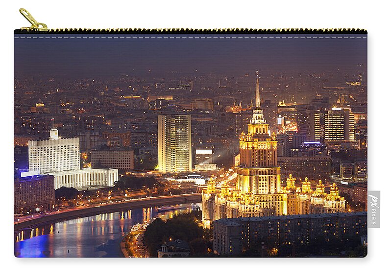 Apartment Zip Pouch featuring the photograph Night Moscow Cityscape. Birds Eye View by Mordolff
