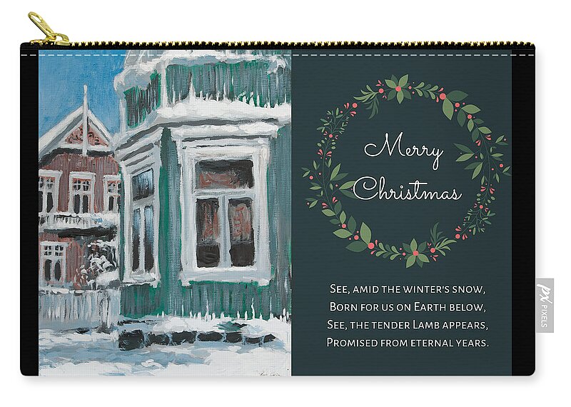 Christmas Card Zip Pouch featuring the painting Nordic Town Houses - Green House Christmas card version by Hans Egil Saele