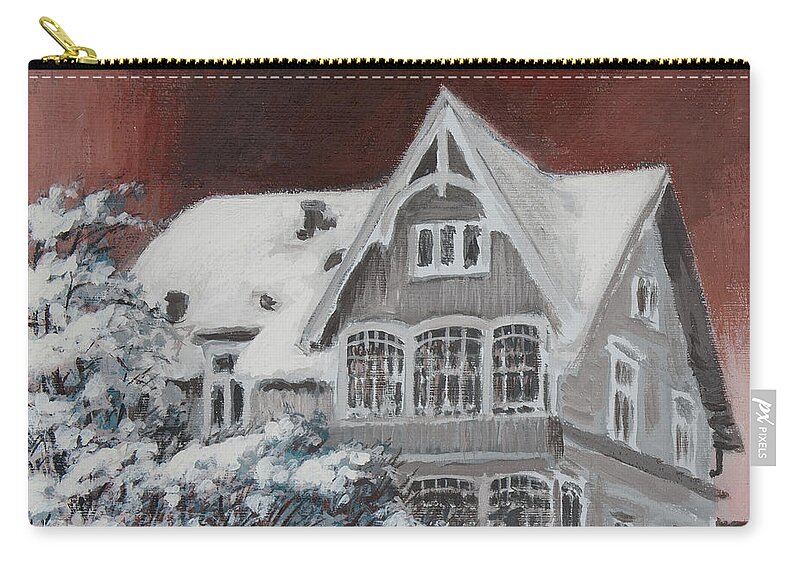 Hans Saele Zip Pouch featuring the painting Nordic Town Houses - Under the Blood Red Sky by Hans Egil Saele