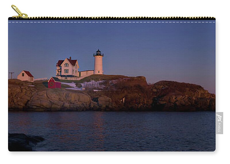 Scenics Zip Pouch featuring the photograph Nubble Light Pano With Full Moon Rising by Www.cfwphotography.com