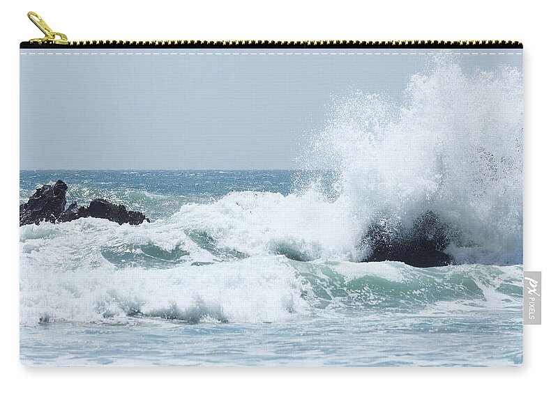 Water's Edge Zip Pouch featuring the photograph Ocean Wave Smashing Aginst Black by Arturbo