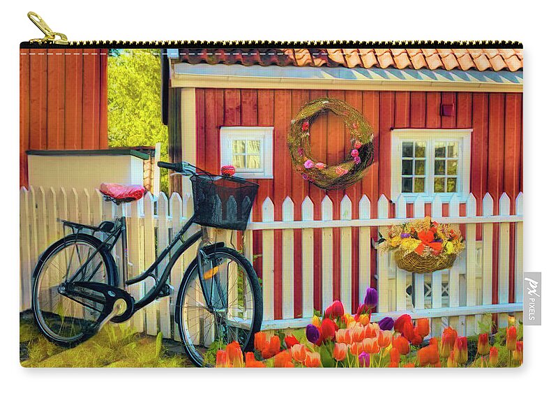 Fence Zip Pouch featuring the photograph Old Bicycle in the Garden in Watercolors by Debra and Dave Vanderlaan
