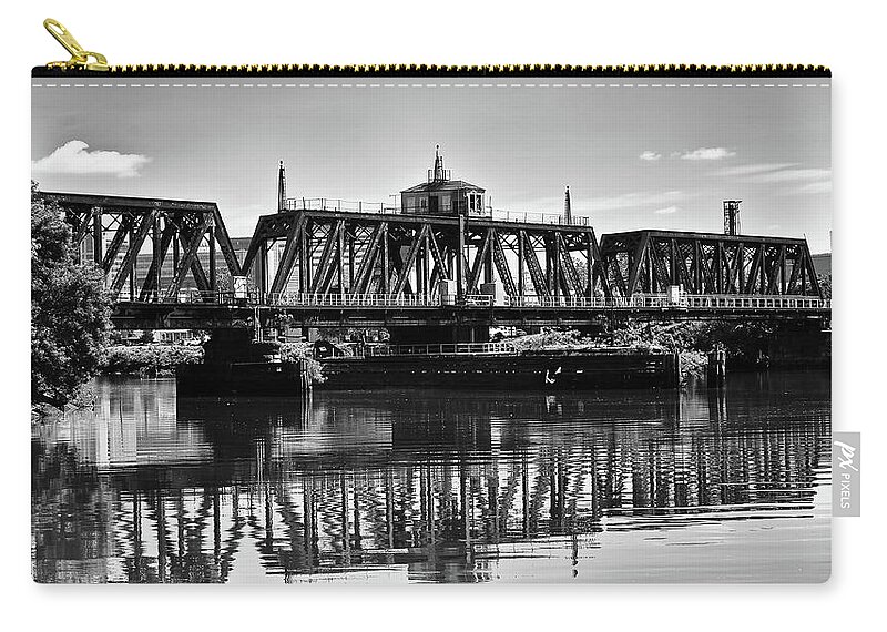 B&w Zip Pouch featuring the photograph Old Railroad Swing Bridge by Louis Dallara