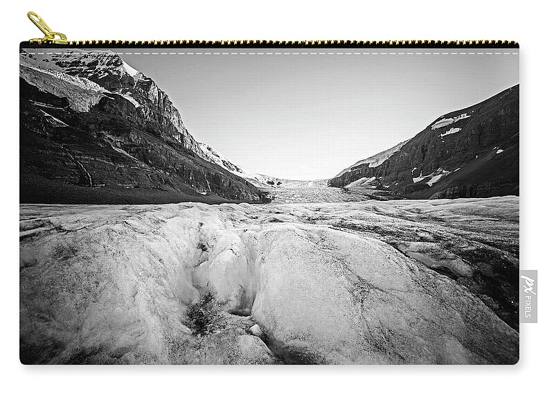 Banff Zip Pouch featuring the photograph On Athabasca Glacier at Glacier National Park Columbia-Shuswap A, BC, Canada Icy Black and White by Toby McGuire
