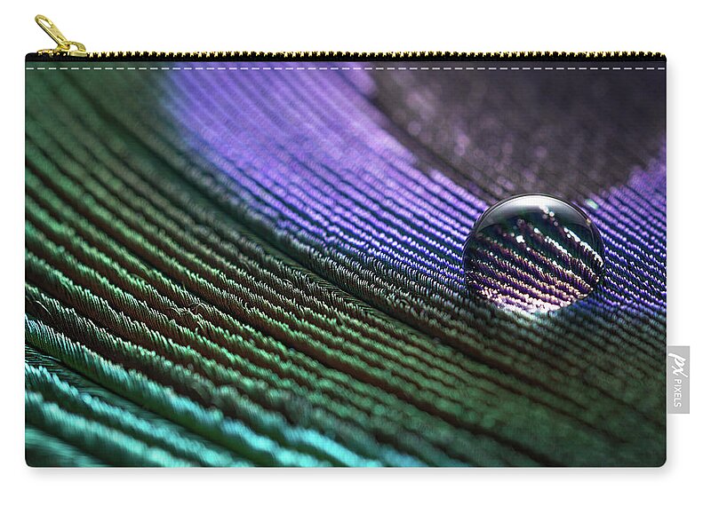 Tranquility Zip Pouch featuring the photograph One Water Dew On A Peacock Feather by Miragec