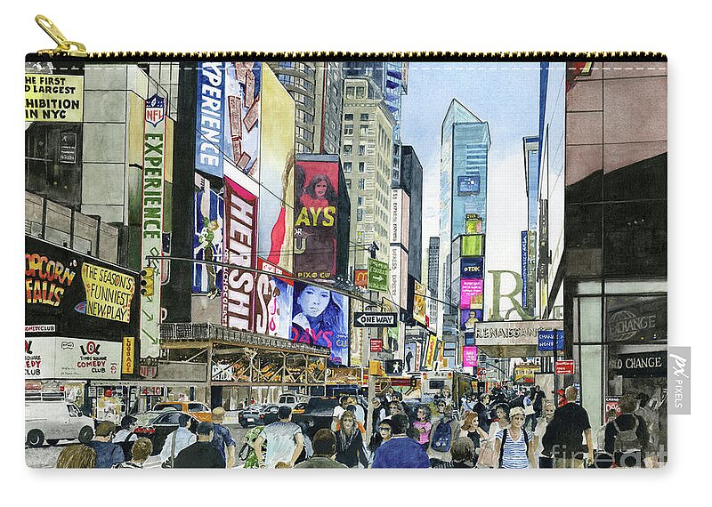 Evening Rush Hour In Times Square With People Zip Pouch featuring the painting Oneway by Monte Toon