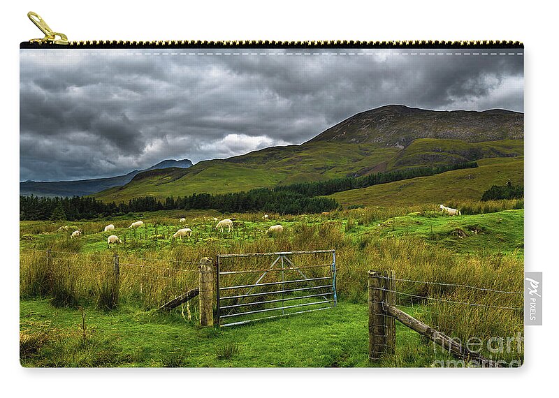 Adventure Zip Pouch featuring the photograph Open Gate To Pasture With White Sheep In Scenic Landscape On The Isle Of Skye In Scotland by Andreas Berthold
