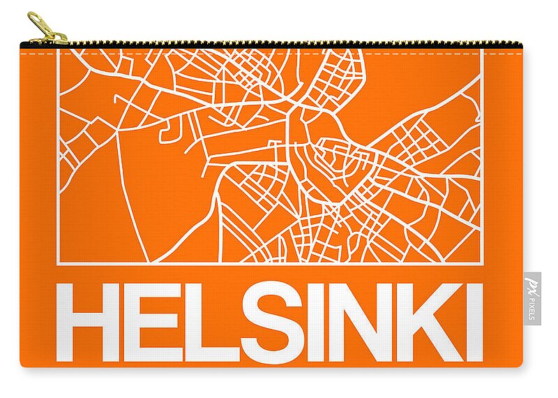 Map Of Helsinki Zip Pouch featuring the digital art Orange Map of Helsinki by Naxart Studio