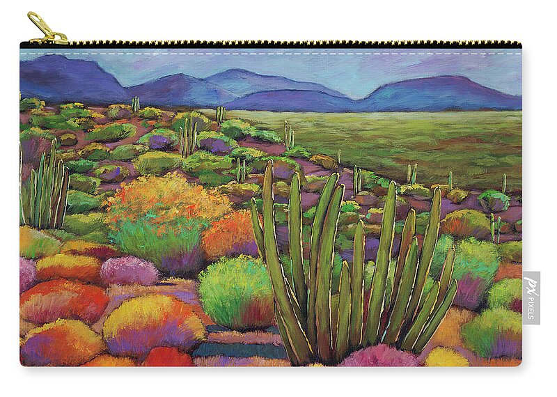 Desert Landscape Sonoran Desert Organ Pipe Organ Pipe National Monument Organ Pipe Cactus Southwest Art Contemporary Southwest Cactus Tucson Arizona Cactus Art Saguaro Organ Pipe National Park Blues Flowers Yellows Contemporary Art Johnathan Harris Expressive Colorful Contemporary Jonathan Harris Expressive Vivid Vibrant Color Desert Wildflowers Tucson Phoenix Reds Yellows Blue Mountains Desert Wildflowers Vivid Colorful Art Southwest Desert Art Jonathon Harris Carry-all Pouch featuring the painting Organ Pipe by Johnathan Harris