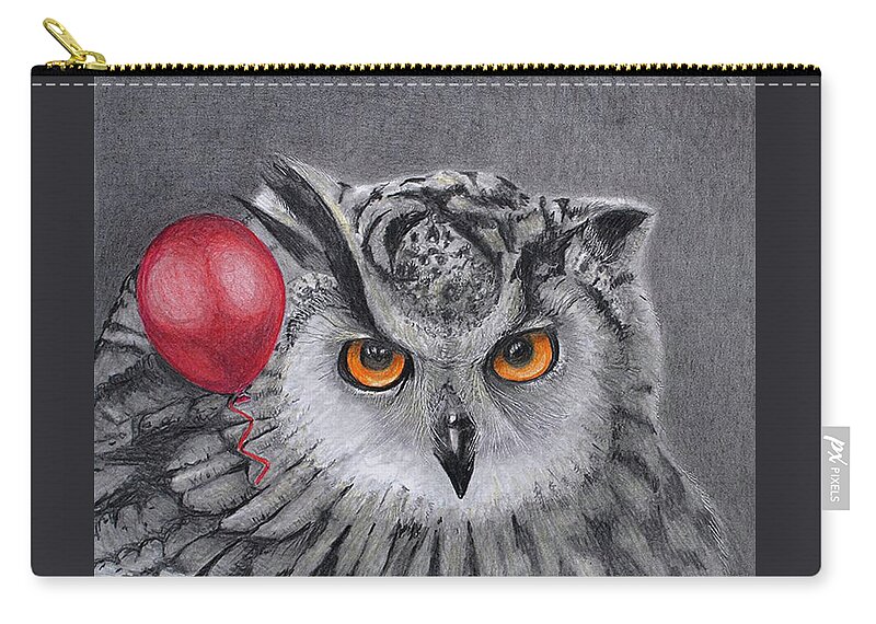Balloon Zip Pouch featuring the drawing Owl With The Red Balloon by Tim Ernst