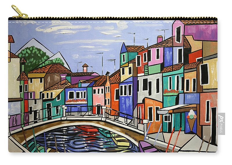 Cubism Carry-all Pouch featuring the painting Painted Buildings burano Venice by Anthony Falbo