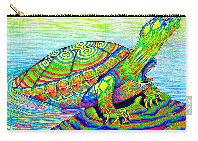 Turtle Zip Pouch featuring the drawing Psychedelic Neon Rainbow Painted Turtle by Rebecca Wang
