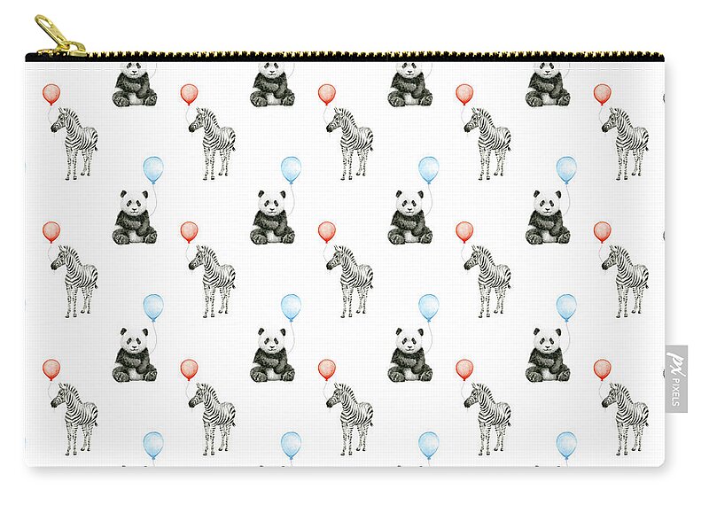 Panda Carry-all Pouch featuring the painting Panda and Zebra with Balloons Pattern by Olga Shvartsur