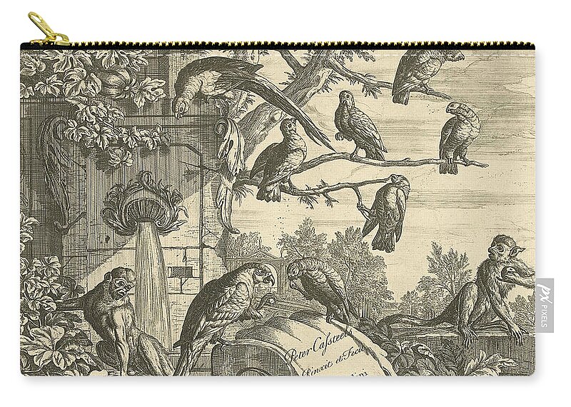 18th Century Art Zip Pouch featuring the relief Parrots and Monkeys at a Garden Fountain by Pieter Casteels