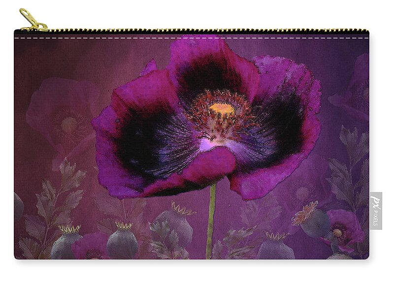 Poppy Zip Pouch featuring the digital art Passionate Plum Poppy by J Marielle