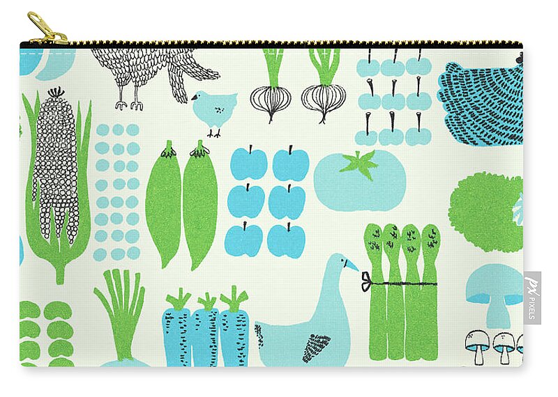 Agriculture Zip Pouch featuring the drawing Pattern of Vegetables and Chickens by CSA Images