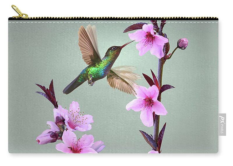 Peach Zip Pouch featuring the digital art Peach Blossoms and Hummingbird by M Spadecaller