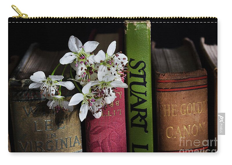Pear Zip Pouch featuring the photograph Pear Blossoms And Books by Mike Eingle