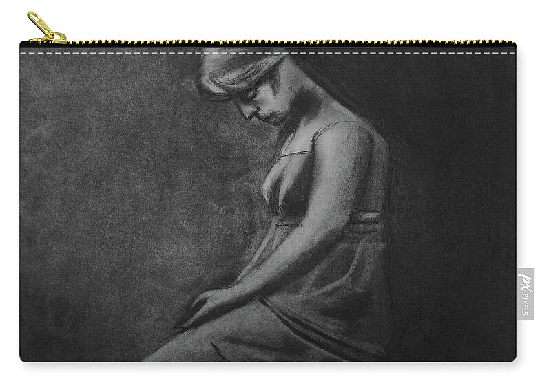 Pensive Woman Zip Pouch featuring the drawing Pensive Lady by Nadija Armusik