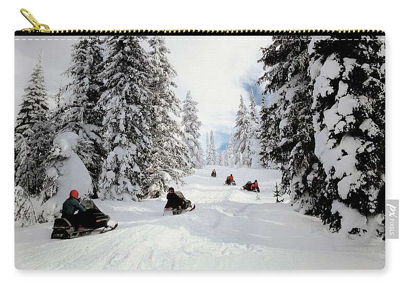 People Zip Pouch featuring the photograph People On Snowmobiles In Yellowstone by Medioimages/photodisc