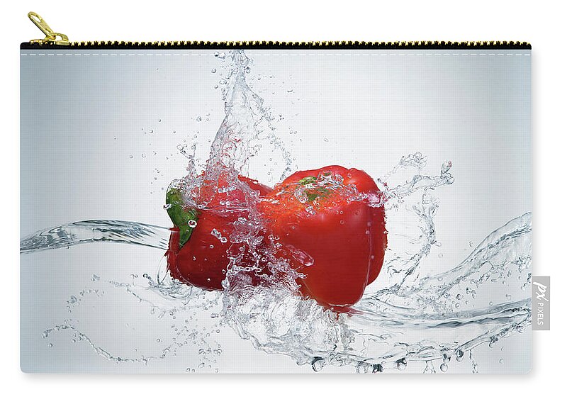 White Background Zip Pouch featuring the photograph Peppers With Water Splash by Biwa Studio