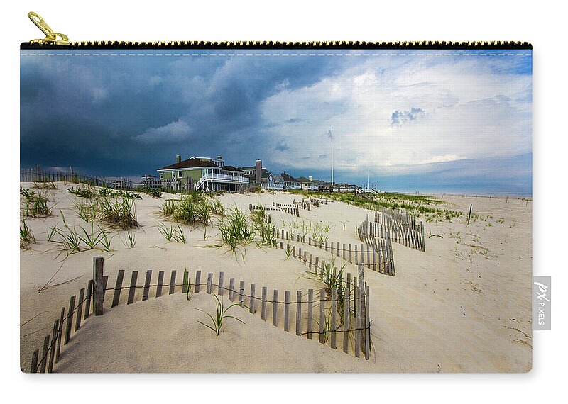 Pikes Beach Fence Dune Road Clouds Powder White Sand Green Grass Blue Sky House Storm Ocean Front Home Hampton Hamptons Westhampton Long Island New York Zip Pouch featuring the photograph Pikes Beach Fence Line by Robert Seifert