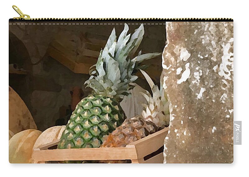 Pineapple Zip Pouch featuring the photograph Pineapple and Melons in Crate by Tom Johnson